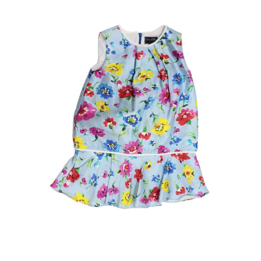 Oscar de la Renta Girls Floral Print Crew Neck Sleeveless Shift Dress Blue Sz 6Y